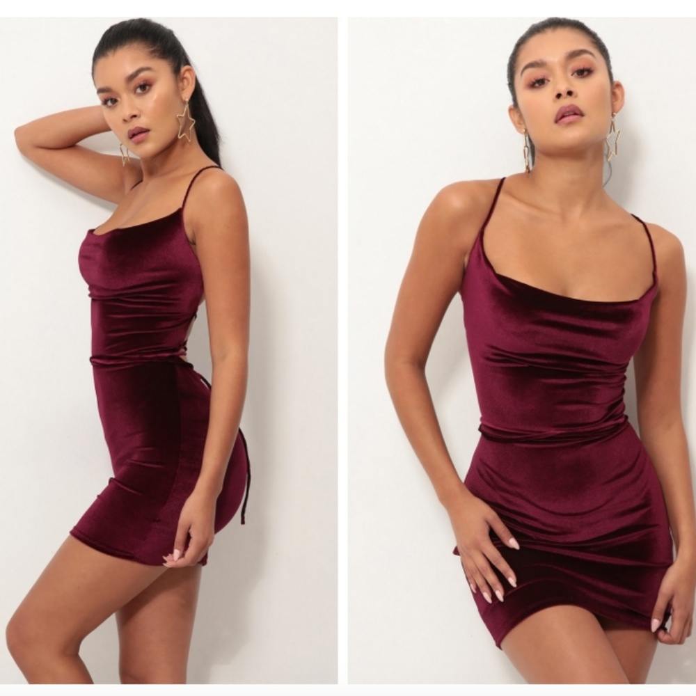 LUCY IN THE SKY Cowl Neck Velvet Dress in Wine